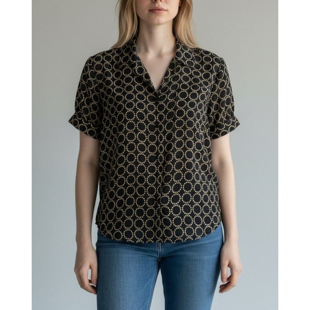 Banana Republic Black & Gold Polka Dot Short-Sleeve Button-Up Blouse Size S